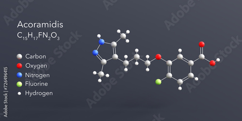 acoramidis molecule 3d rendering, flat molecular structure with chemical formula and atoms color coding photo