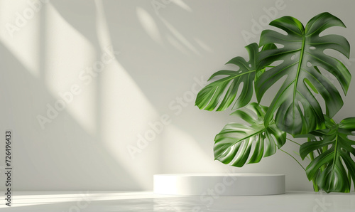 empty product podium display. simple minimalist white color with monstera leaf. free space for advertising.