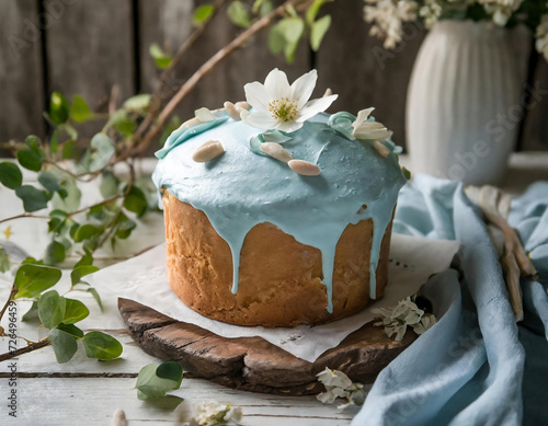 Easter cake with blue frosting surrounded by Easter eggs on white wooden table. Holiday Food Photography.