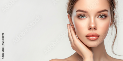 Beautiful young woman with fresh clean skin on white background with copy space. Face care, cosmetology, beauty treatment and spa concept.	 photo