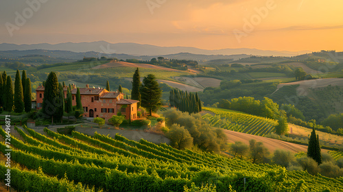 A Tuscan hillside  with terraced vineyards as the background  during the golden hour