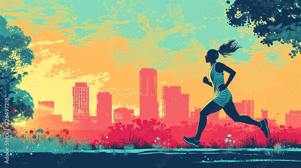 Cool looking female runner running in the park. Colorful comic style illustration.