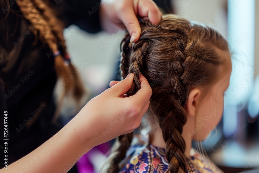 Fototapeta premium hairdresser braiding a young girls long hair