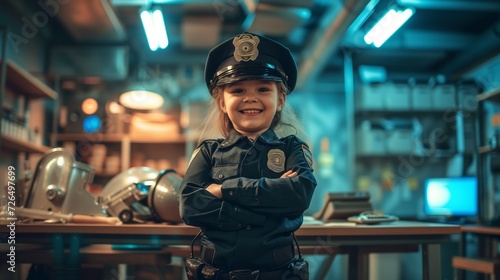 Smiling Kid as Police Officer A cheerful child dressed in a police officer uniform, Dream job of serving and protecting their community. With a bright smile and a confident pose, photo