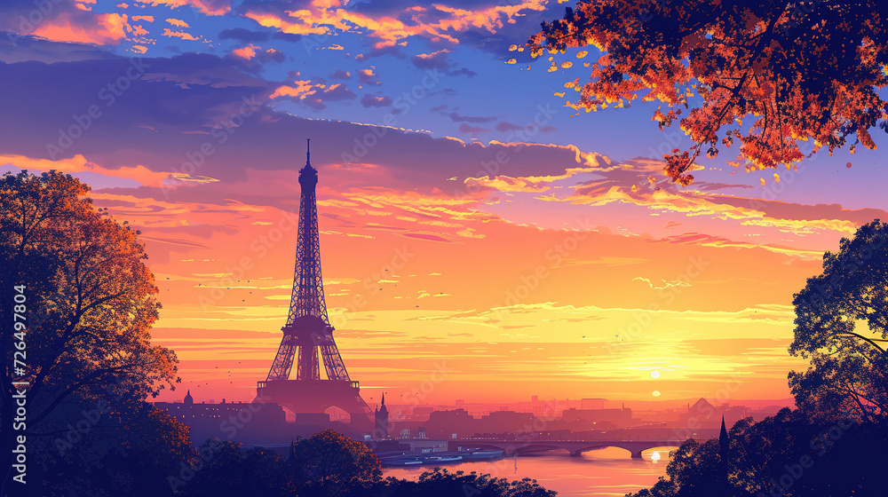 Fototapeta premium Beautiful scenic view of Eiffel tower in France during sunrise in landscape comic style.