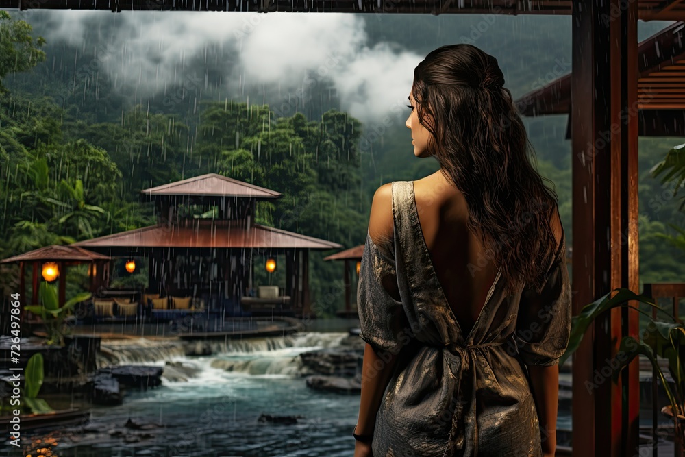 Fototapeta premium a woman on the terrace of a guest house in the middle of the forest