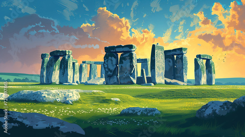 Beautiful scenic view of stonehenge in England during sunrise in landscape comic style illustration. photo