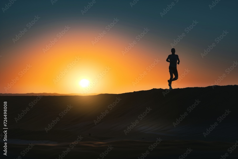 lone runner silhouetted against desert sunrise
