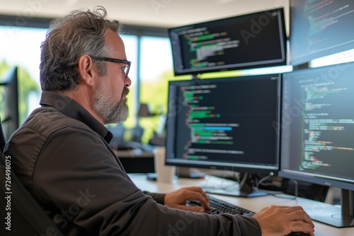 middleaged coder with three monitors coding