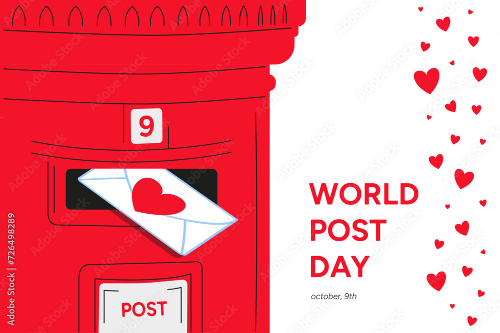 World Post Day celebration vector graphic banner. Old red letter box and envelope with love letter. Mailbox, post box, poster design World Post Day celebration vector graphic banner. Old red letter box and envelope with love letter. Mailbox, post box, poster design