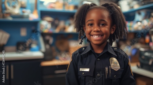 Smiling African-American Kid as Police Officer A cheerful child dressed in a police officer uniform, Dream job of serving and protecting their community. With a bright smile and a confident pose,