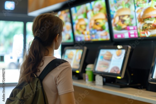 customer at a concession stand with digital menu boards photo