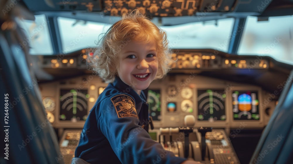 Happy Kid as Airplane Captain joyful child dressed in a pilot suit poses inside the plane's cockpit, dreaming of their future job as an airplane captain. With a beaming smile of excitement,