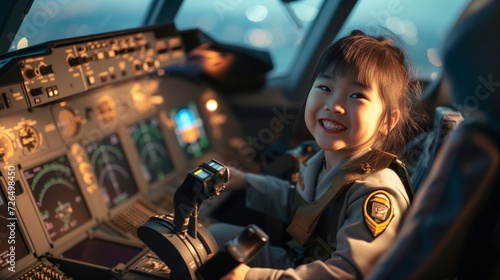 Happy Asian Kid as Airplane Captain joyful child dressed in a pilot suit poses inside the plane's cockpit, dreaming of their future job as an airplane captain. With a beaming smile of excitement, photo