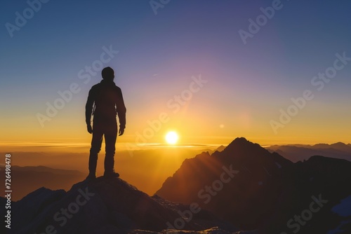 man silhouette against sunrise on mountain peak