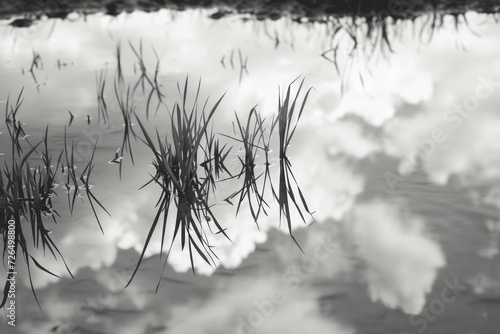 A black and white photo capturing the reflection of clouds in the water. Perfect for adding a serene and minimalist touch to any project