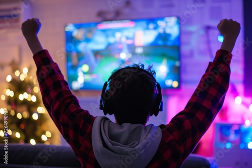 teen celebrating multiplayer game win on tv