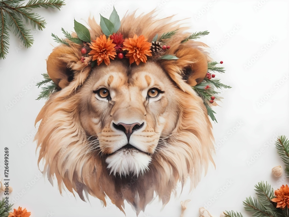 a festive lion on a white background of a postcard. for greeting cards