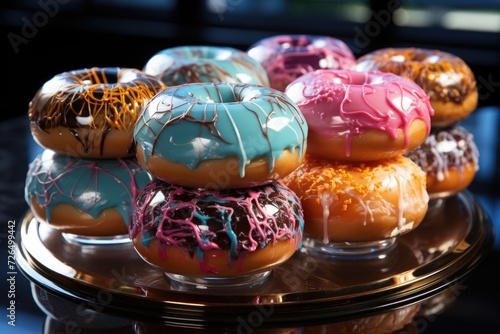 Colorful showcase donuts placed on the marble table., generative IA