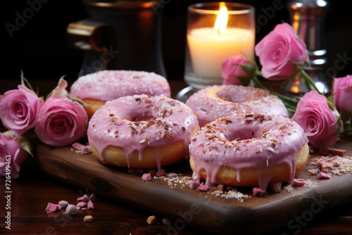 Three pink sweet donuts with roses on the wooden board., generative IA