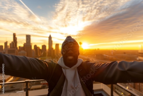 individual taking selfie with sunset skyline backdrop