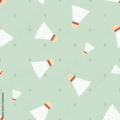 Seamless pattern with shuttlecocks and abstract leaves on green background. Retro illustration, summer graphic wallpaper with sport equipment. Vintage art. Badminton aesthetics.
