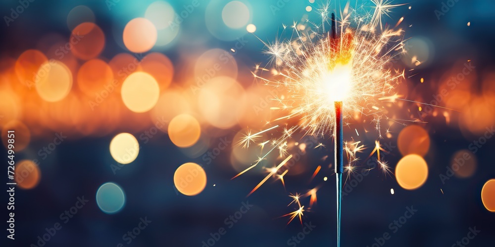 Obraz premium Light flame sparkle shine with bookeh cityu ligh background. Xmas New Year Night celebration