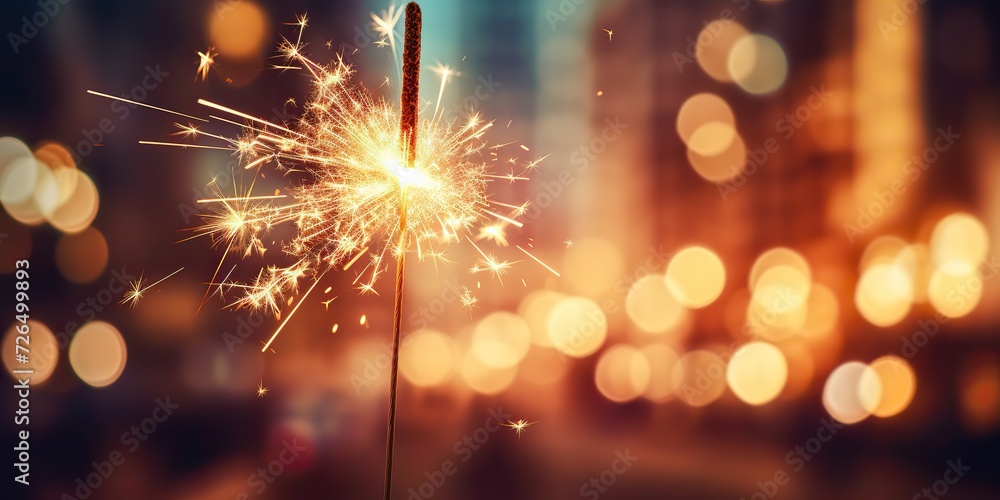 Naklejka premium Light flame sparkle shine with bookeh cityu ligh background. Xmas New Year Night celebration