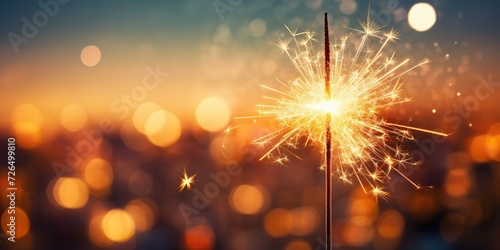 Light flame sparkle shine with bookeh cityu ligh background. Xmas New Year Night celebration photo