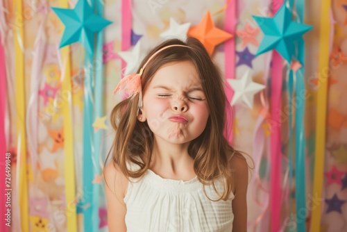 girl making funny faces, streamers and paper stars backdrop