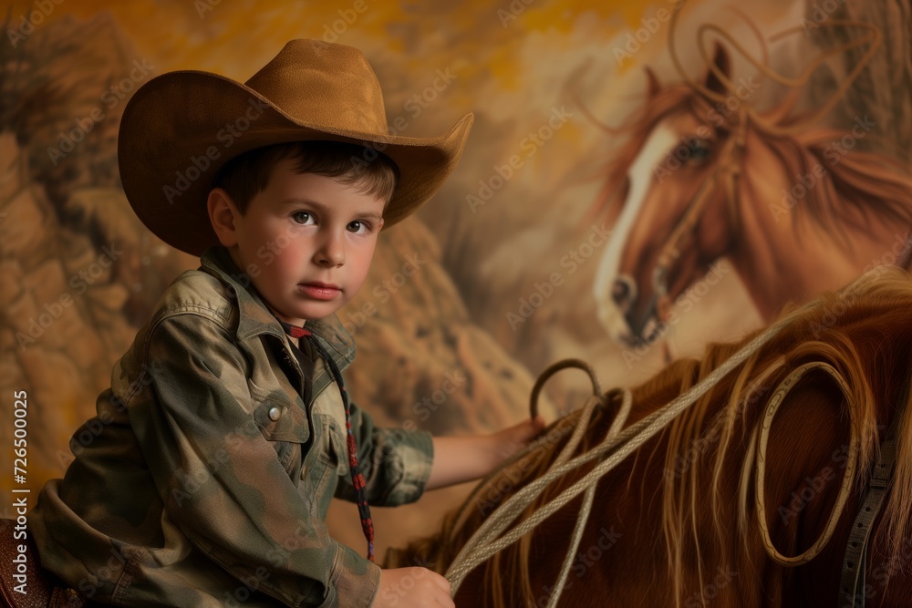 kid with a cowboy hat and lasso on a faux horse prop