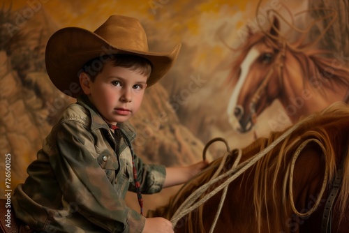 kid with a cowboy hat and lasso on a faux horse prop © primopiano