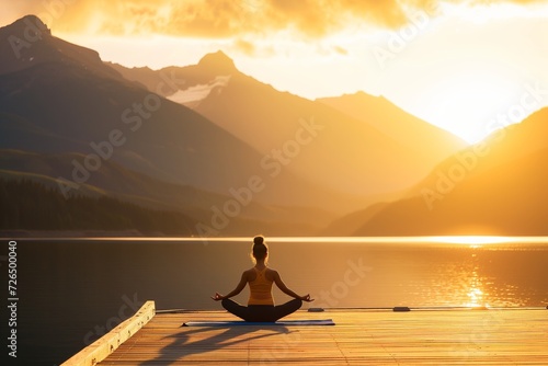 yoga practitioner on pier with mountain lake at golden hour photo
