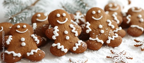 Homemade gingerbread cookies with a holiday theme, on a white background.