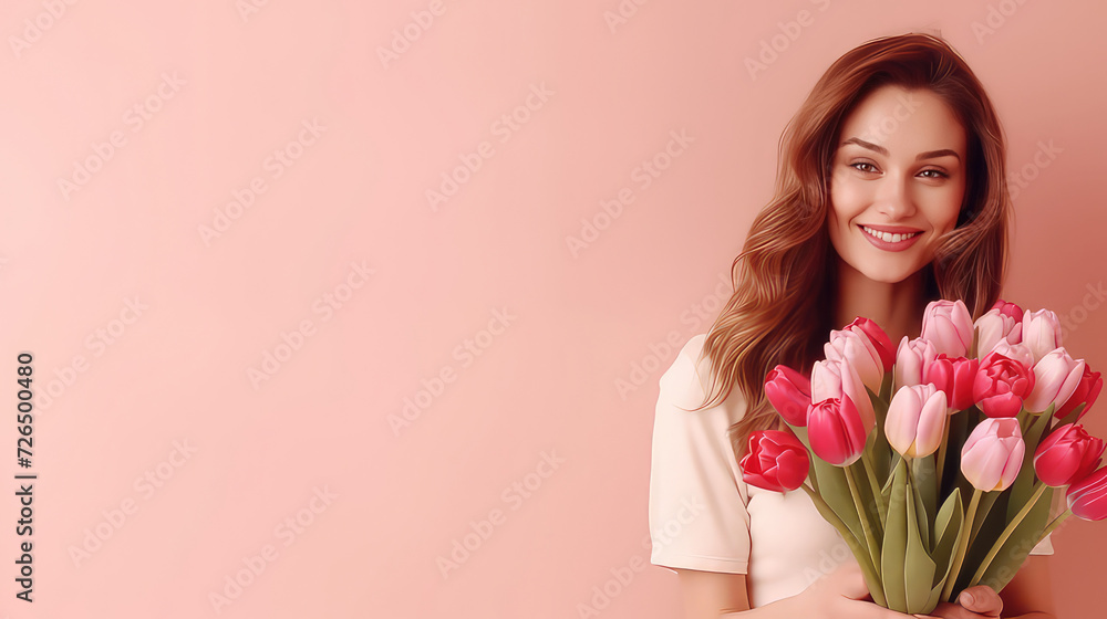 Beautiful pretty girl with hair hold tulips flowers on March 8th International Women's Day on one color background