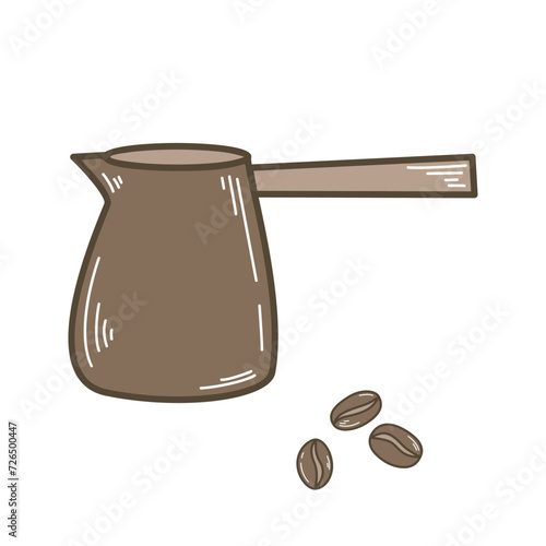 Coffee pot and coffee beans clip art. Saucepan for making Americano coffee in home kitchen, colored doodle sketch style. Brewing coffee beans, isolated vector illustration