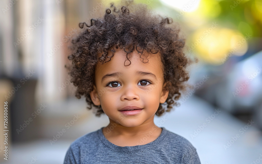 Little Boy With Curly Hair Standing on Sidewalk Little Boy With Curly Hair Standing on Sidewalk