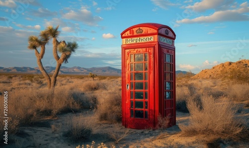an old english phone booth on a desert. photo