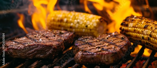Two ribeye steaks and corn on the cob grilling over flames seen up close.
