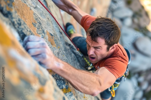 closeup on climbers face with intense focus while scaling
