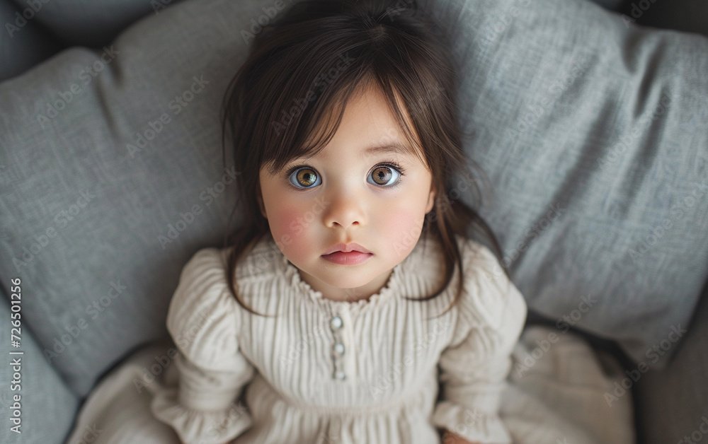 Little Girl Sitting on Top of a Gray Couch Little Girl Sitting on Top of a Gray Couch