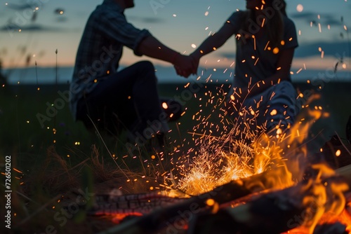 man and woman holding hands across a campfire with sparks flying