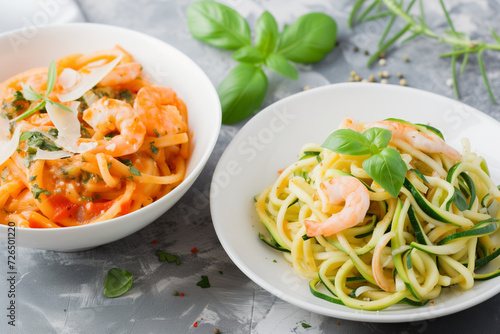 pasta dishes made with zucchini noodles, spaghetti squash, and shirataki noodles as a low-carb option