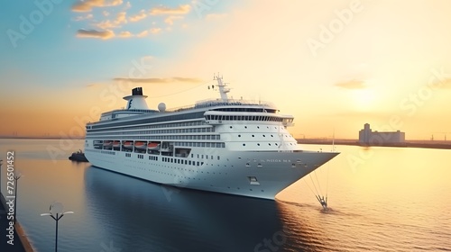 A large, white cruise ship stands near the pier at sunset, side view. Summer vacation, travel, adventure, hot tour. © Ziyan Yang