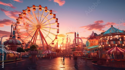 Amusement park in the sunset time. 3d rendering. © Ziyan Yang