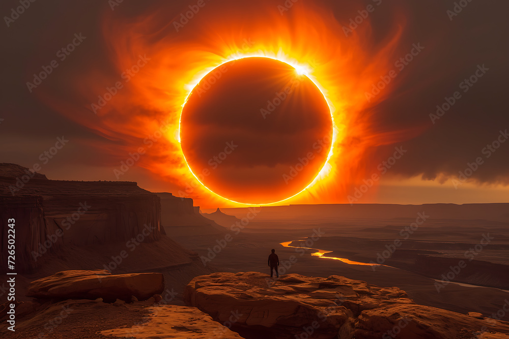 a huge fiery solar eclipse. The moon moves and covers the sun
