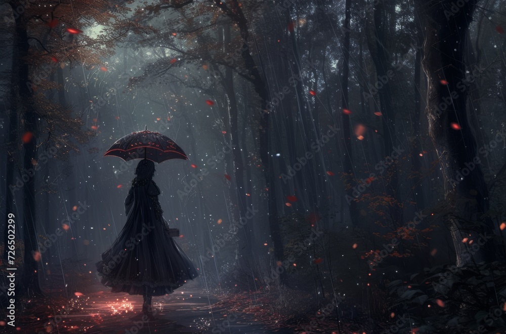 A lone woman braves the dark forest at night, her umbrella shielding ...