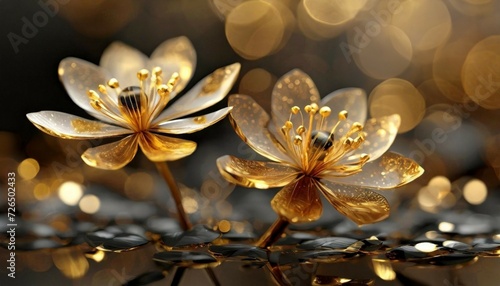 Abstrakcyjne złote kwiaty, tapeta, dekoracja. Generative AI © mycatherina