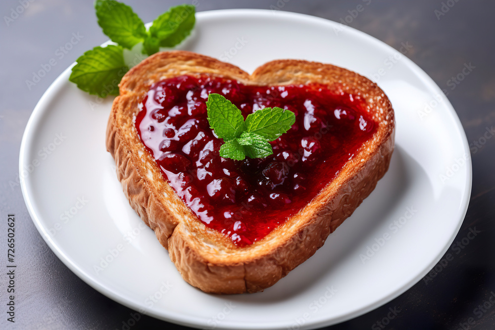 Heart shaped toast with raspberry jam. Top view. Valentines day food concept, for advertising, banners, gift cards Heart shaped toast with raspberry jam. Top view. Valentines day food concept, for advertising, banners, gift cards