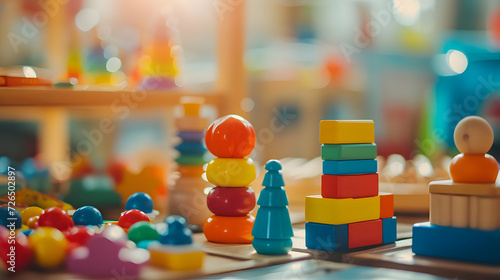 Kindergarten birght colored toys close up photo with pyramids. Cinematic photo of Montessori early education attributes. High quality photo